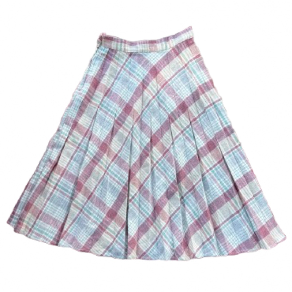 Vintage Plaid Pleated Skirt Colorful Small Circle Skirt 1960s 1970s Preppy Wool